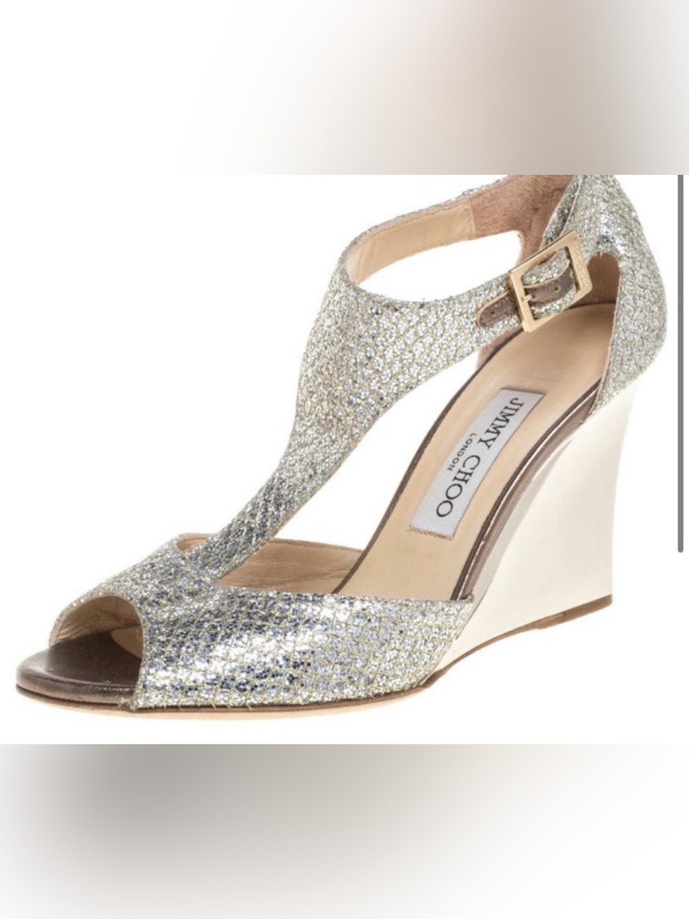 Jimmy Choo Silver Glitter T‑Strap Wedges